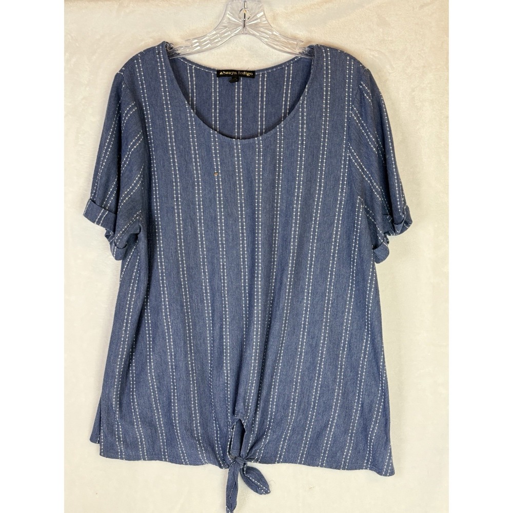 Always Indigo Blue Striped Tie Front Top Women's 2X Short Sleeve Stretch